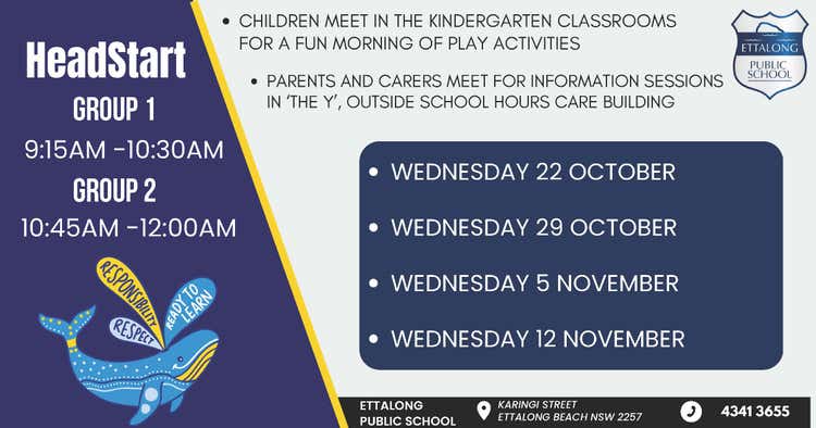 Text from the flyer: WEDNESDAY 22 OCTOBER WEDNESDAY 29 OCTOBER WEDNESDAY 5 NOVEMBER WEDNESDAY 12 NOVEMBER 4341 3655 KARINGI STREET ETTALONG BEACH NSW 2257 HeadStart Group 1 ETTALONG PUBLIC SCHOOL 9:15AM - 10:30AM CHILDREN MEET IN THE KINDERGARTEN CLASSROOMS FOR A FUN MORNING OF PLAY ACTIVITIES PARENTS AND CARERS MEET FOR INFORMATION SESSIONS IN ‘THE Y’, OUTSIDE SCHOOL HOURS CARE BUILDING Group 2 10:45AM - 12:00AM The flyer is designed to inform parents and carers about the dates and schedule for HeadStart transition sessions, specifying separate activities for children (play in classrooms) and adults (information sessions nearby). Contact details and the school address are clearly listed.